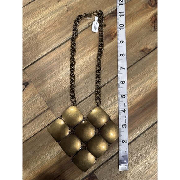 Irene Square Cluster Pendant Brass Gold Tone 11" Long Statement Necklace NEW - Picture 4 of 10